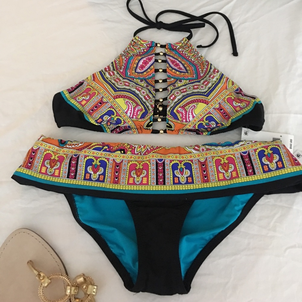 NWT Trina Turk Bikini Set Black Gold Red Purple - Picture 4 of 8